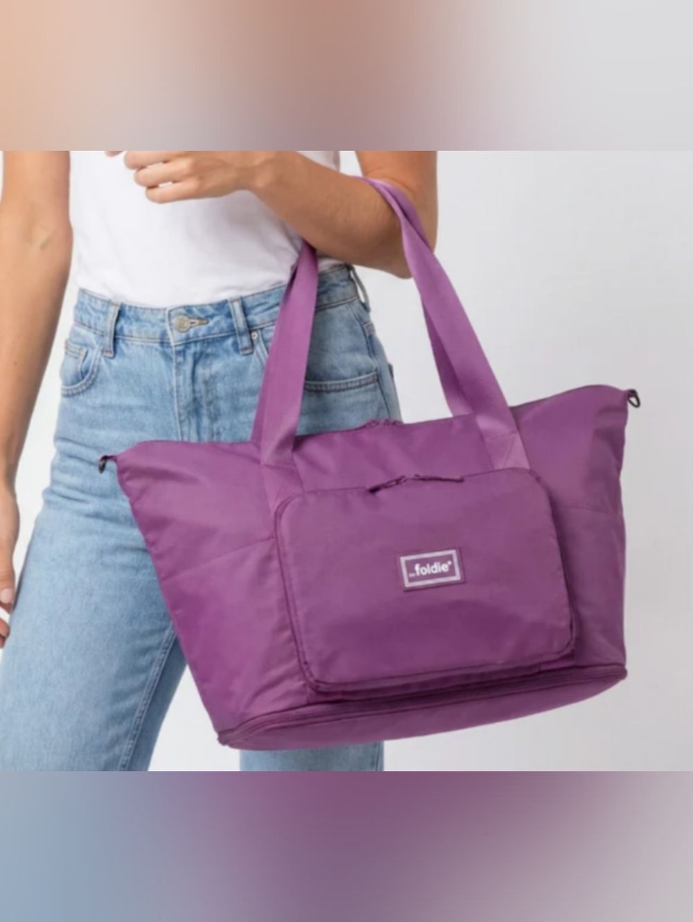 The Foldie Travel Bag Tote Purple Packable Personal Item Under Seat Expandable